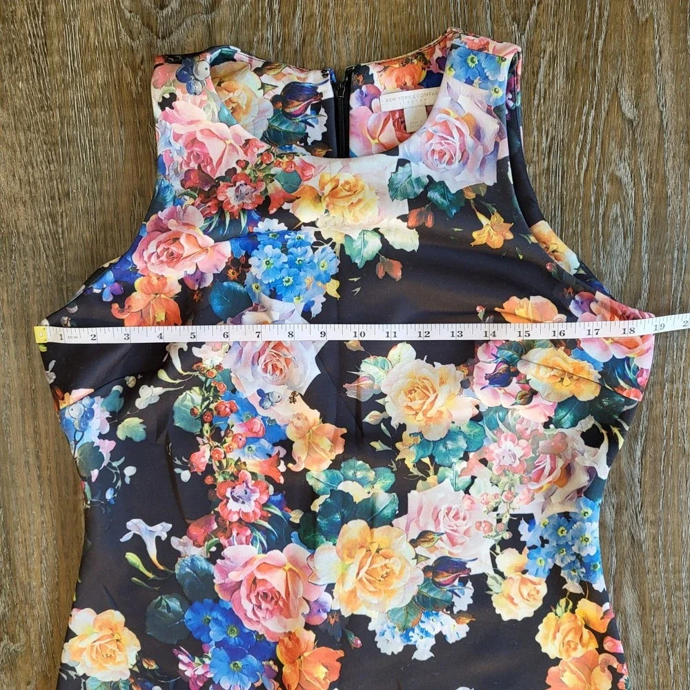New York & Company Floral Sheath Dress Womens L Black Pink Yellow Stretch Knee